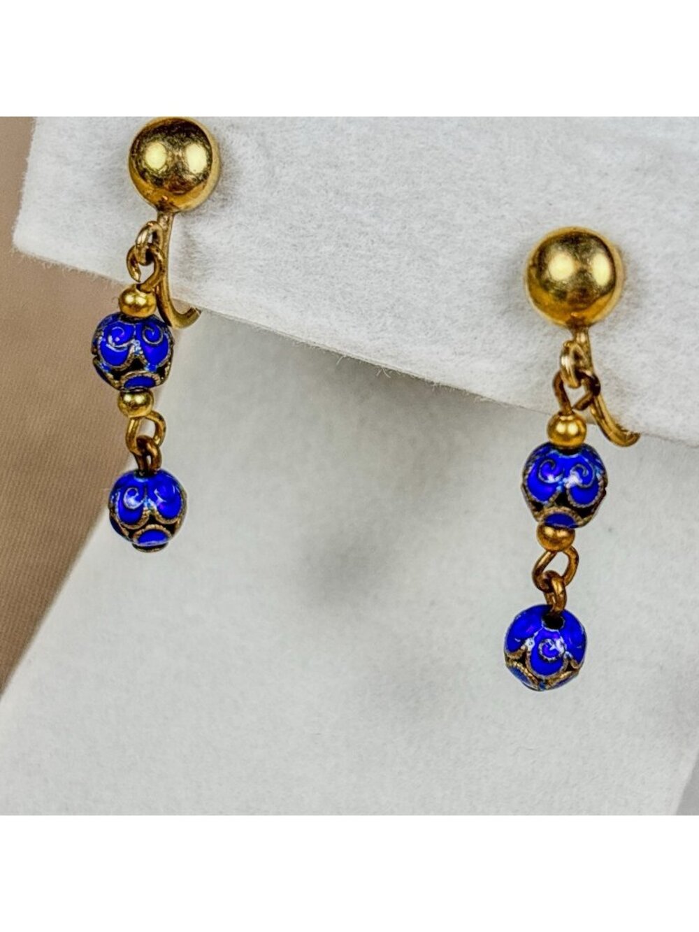 Vintage Blue Cloisonné Enamel Openwork Dangle Earrings 12K Gold Filled B88